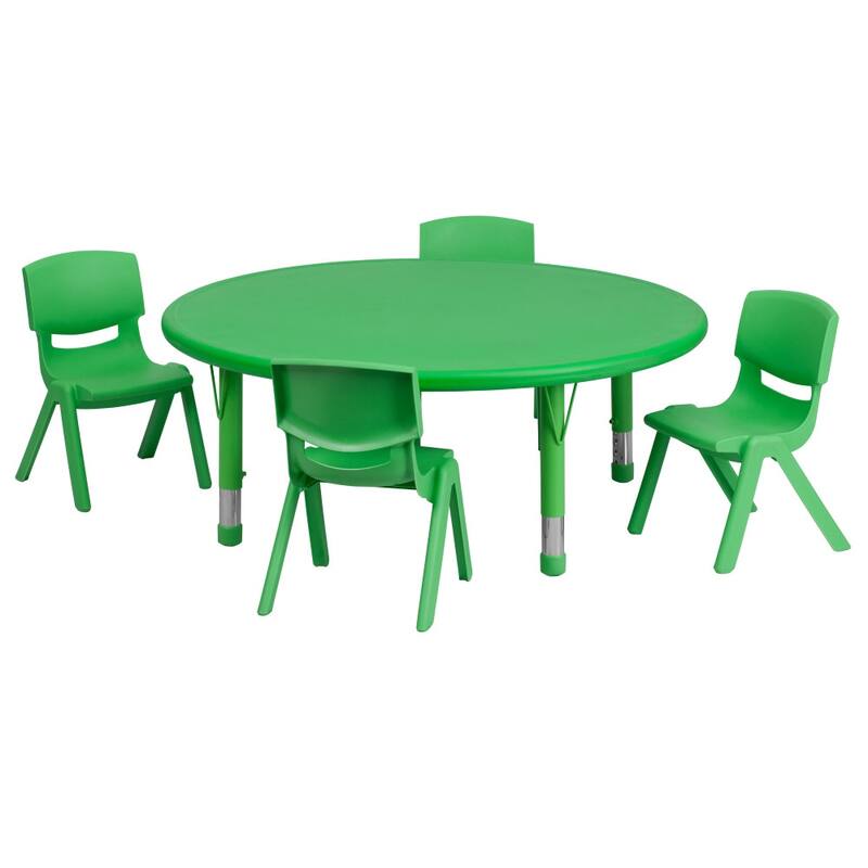 45" Round Plastic Height Adjustable Activity Table Set with 2 or 4 Chairs - 4 chairs - Green