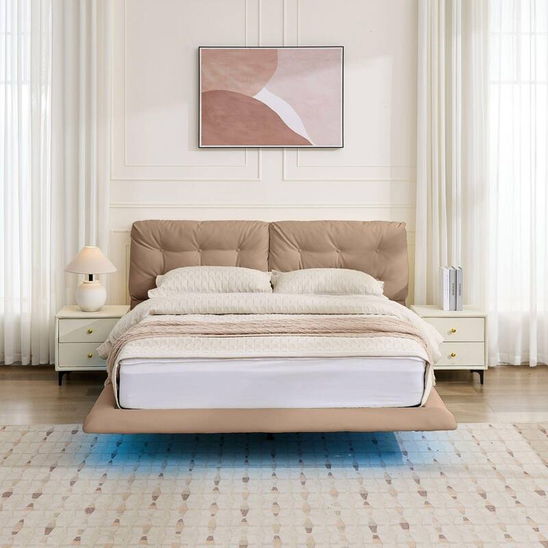 Queen Size LED Upholstered Platform Bed with Button-Tufted Headboard, Easy Assembly, No Box Spring Needed, Khaki