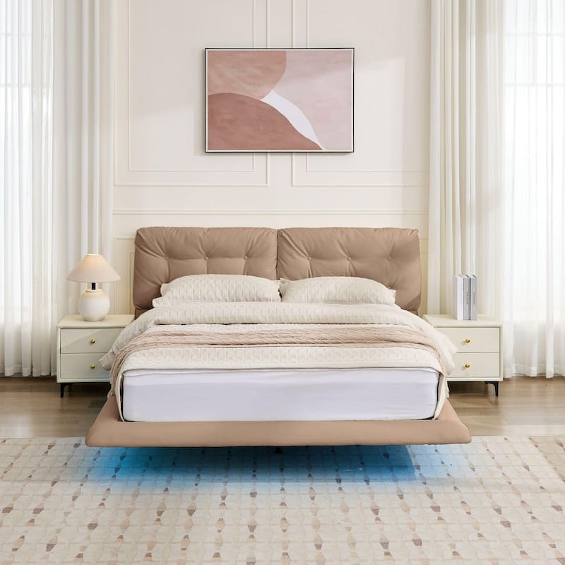 Queen Size Upholstered Floating Bed Frame with LED Lights, PU Leather Platform Bed with Button-tufted Headboard