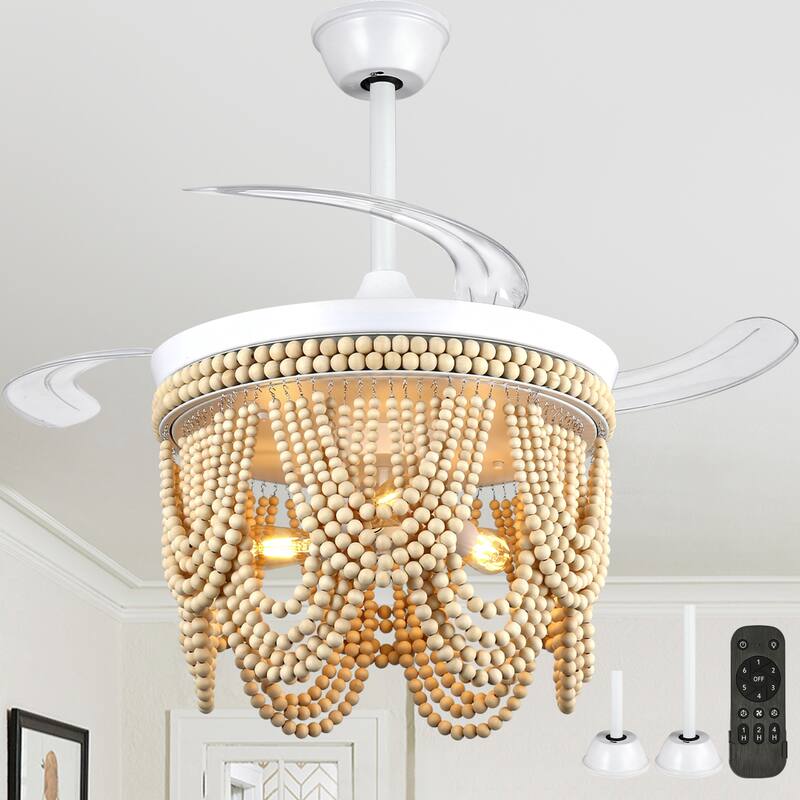 Cusp Barn 42" Retractable Ceiling Fan with Light, Farmhouse Wooden Bead Chandelier, Quiet DC Motor 6 Speeds Bohemian Ceiling Fan - White