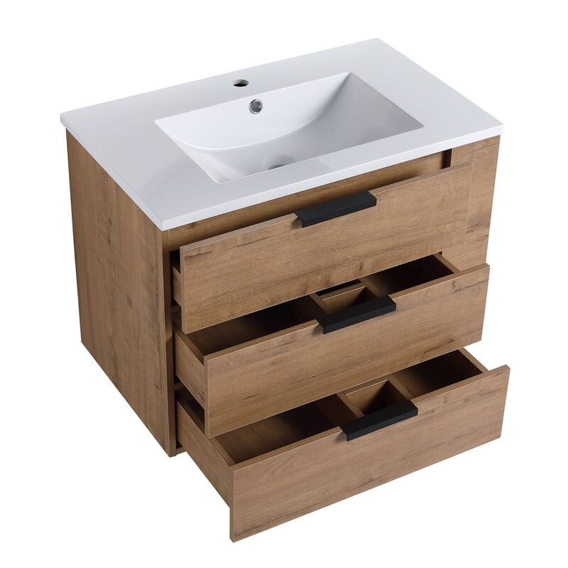 30 Inch Wall Mounted Plywood Bathroom Vanity with Resin Basin and Drawers