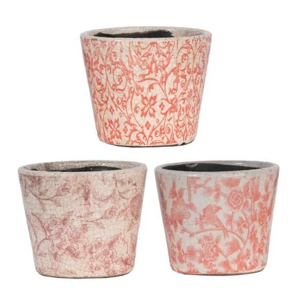 Set of 3 Red and White Floral Motifs Style Planters 5.5" - N/A