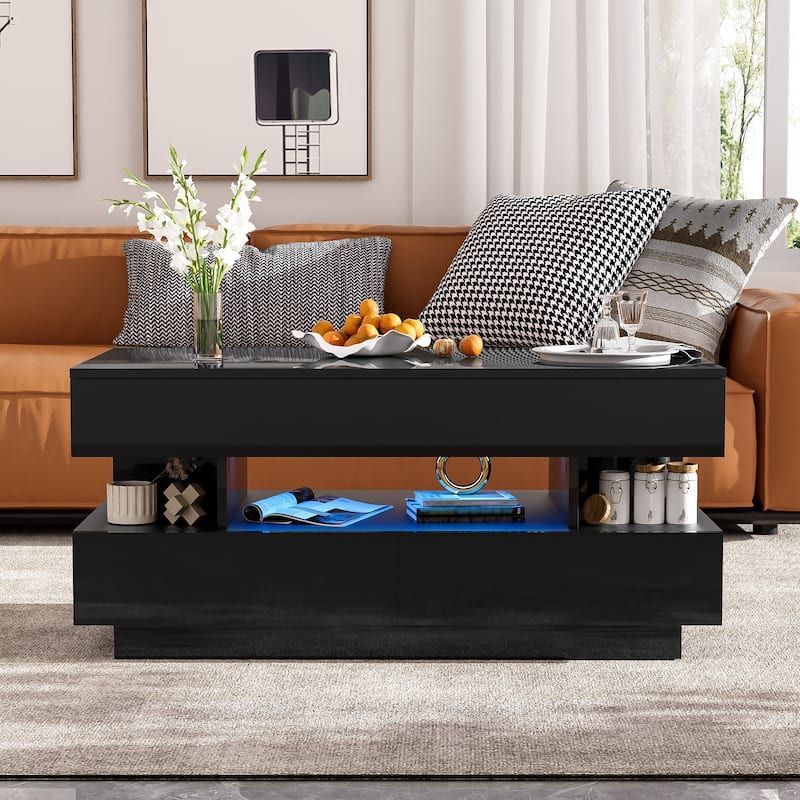 Lift-Top Coffee Table End Table with Smooth-Glide Drawers, Office Table with Adjustable 16-Color LED Lighting - Black