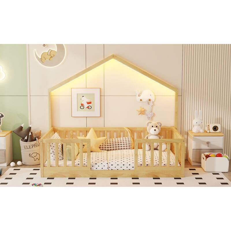 Roomfitters Twin/Full Floor Platform Bed, House Frame and LED Light with Wooden High Rails for Bedrooms or Guest Rooms