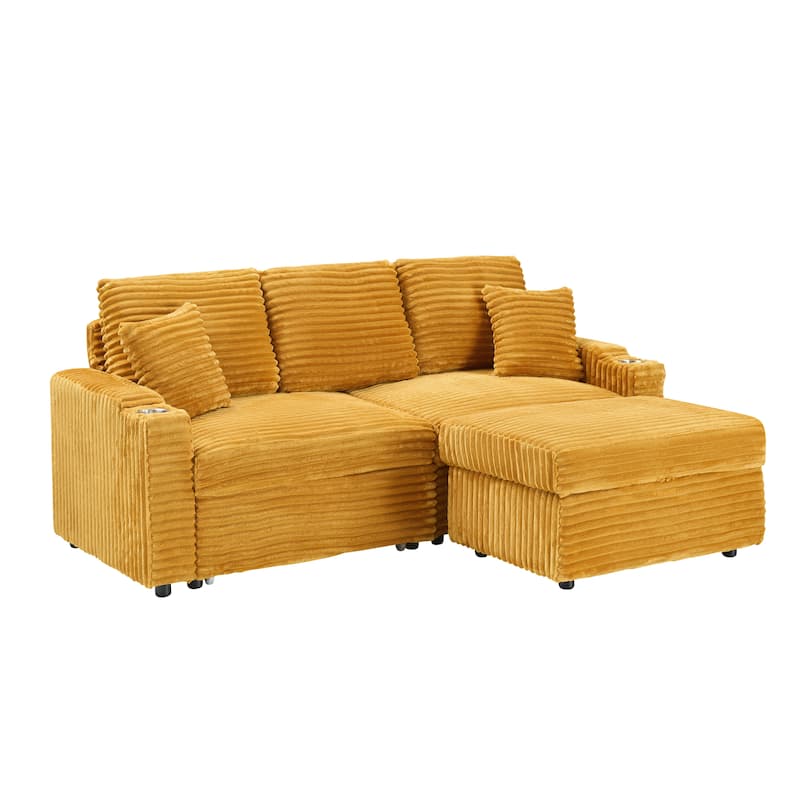 Multi-Function Corduroy Sectional Sofa Hidden Reclining Couch with Storage Ottoman Chaise Lounge, Pillows and Cup Holders