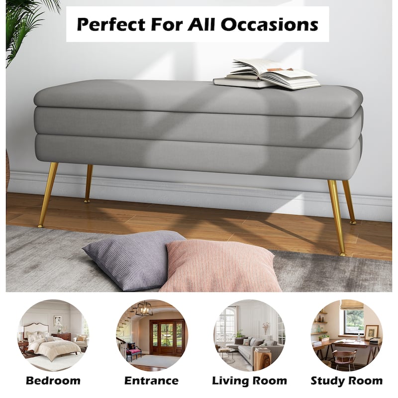 Modern Velvet Storage Ottoman Bench with Metal Legs