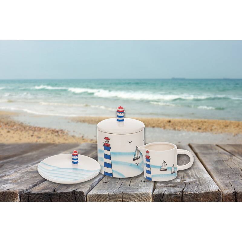 3.5" x 4.75" Ceramic Lighthouse Beach Sugar Container with Lid - Coastal