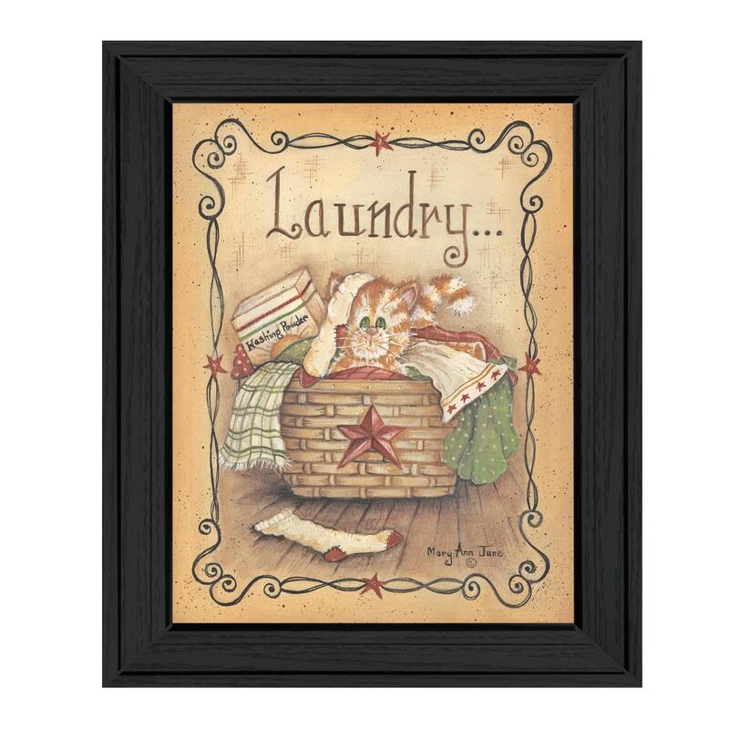 TrendyDecor4U Farmhouse "Laundry" Framed Print Wall Art by Mary Ann June - Brown, Tan, Yellow - Charcoal