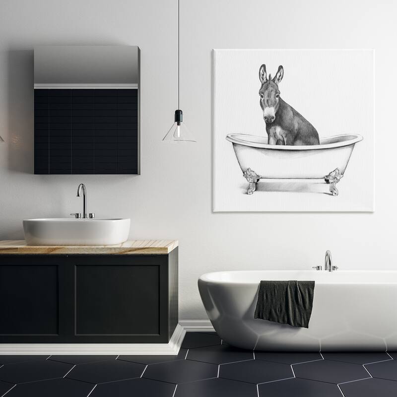 Stupell Donkey in Claw Tub Farm Animal Bathroom Sketch Canvas Wall Art - Black