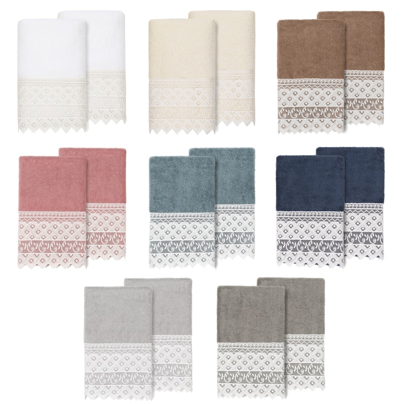Authentic Hotel and Spa 100% Turkish Cotton Aiden 2PC White Lace Embellished Hand Towel Set
