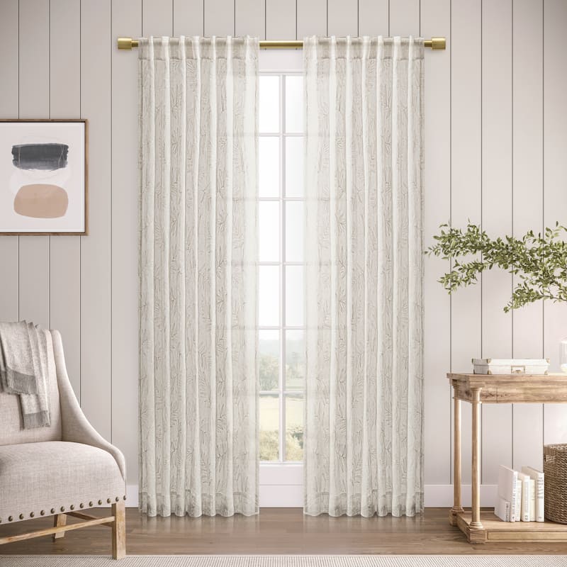 Gorgeous Sheer Leaf Embroidered Rod Pocket W Back Tab Panel - 52"W x 96"L - White