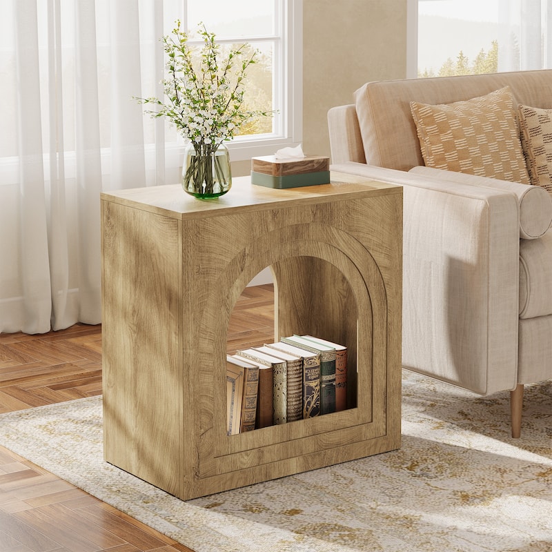 Square End Table, 2-Tier Accent Side Table with Open Shelf, Arched Nightstand for Living Room, Bedroom
