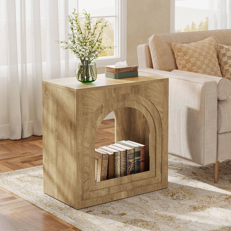 Square Farmhouse End Table, 2-Tier Side Table with Arched Open Shelf