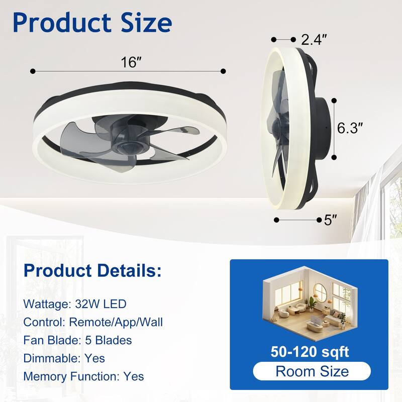 Ceiling Fan with Light: Low Profile, App Remote Control, 6-Speed, 3 CCT, Quiet DC Motor, Dimmable LED, 20" /16"