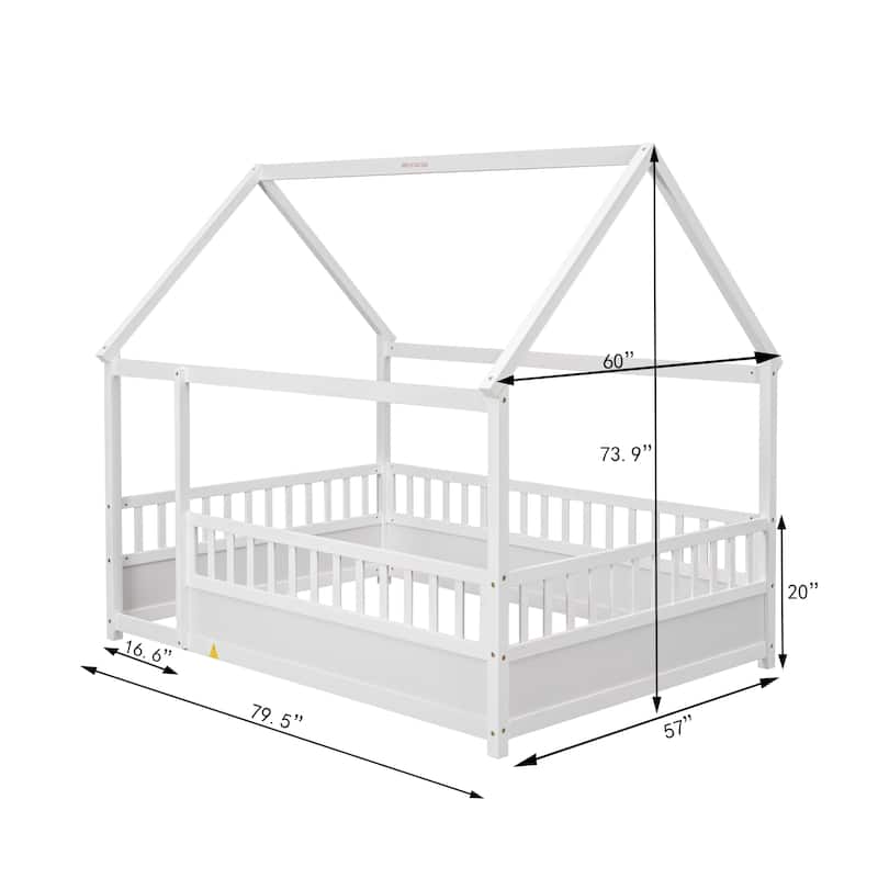 GDF Studio - Whitmore Montessori Wooden Floor Bed with House Roof Frame and Fence