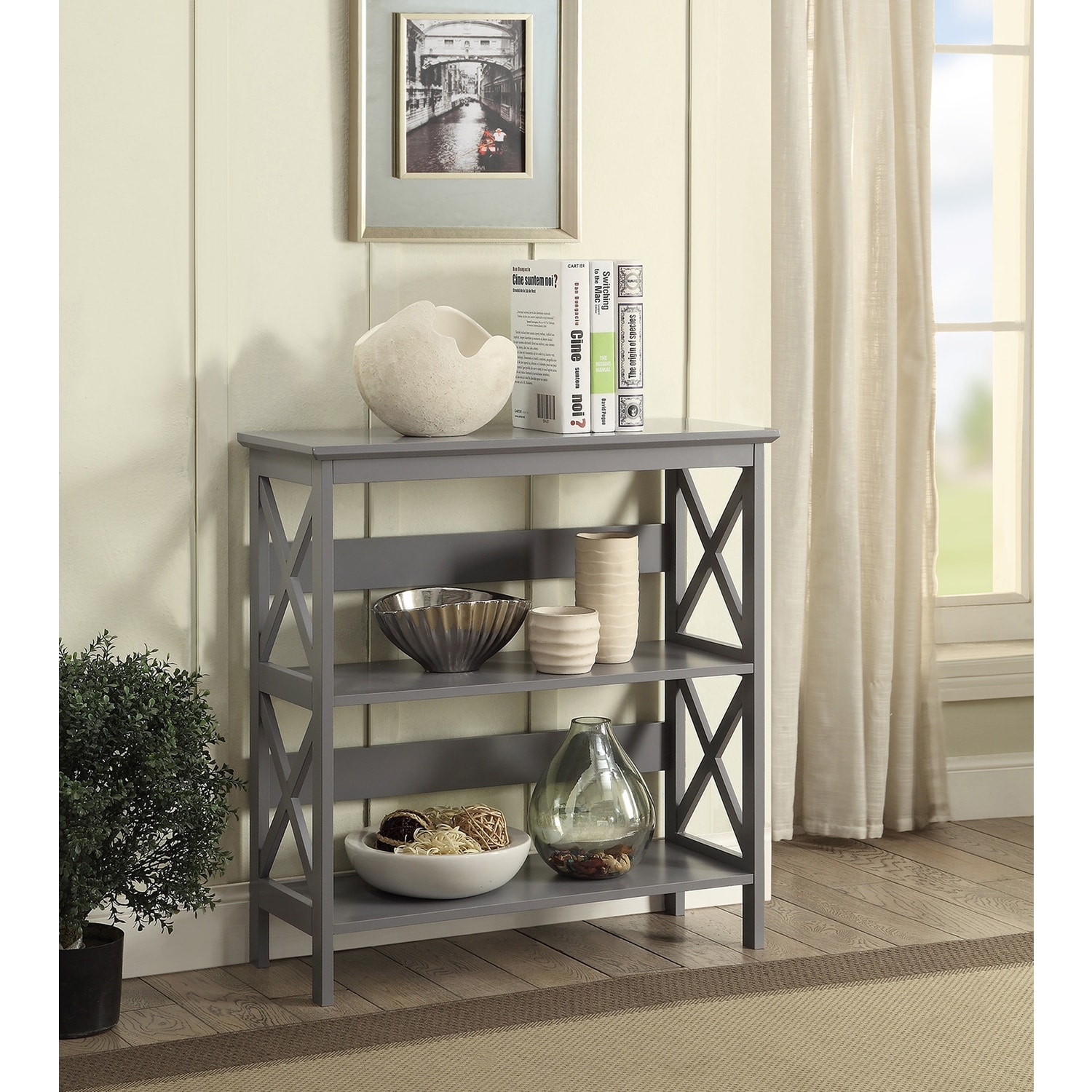 3-Tier Bookcase with Open Shelving and X-Pattern Detailing for Modern Storage and Display - 11.75