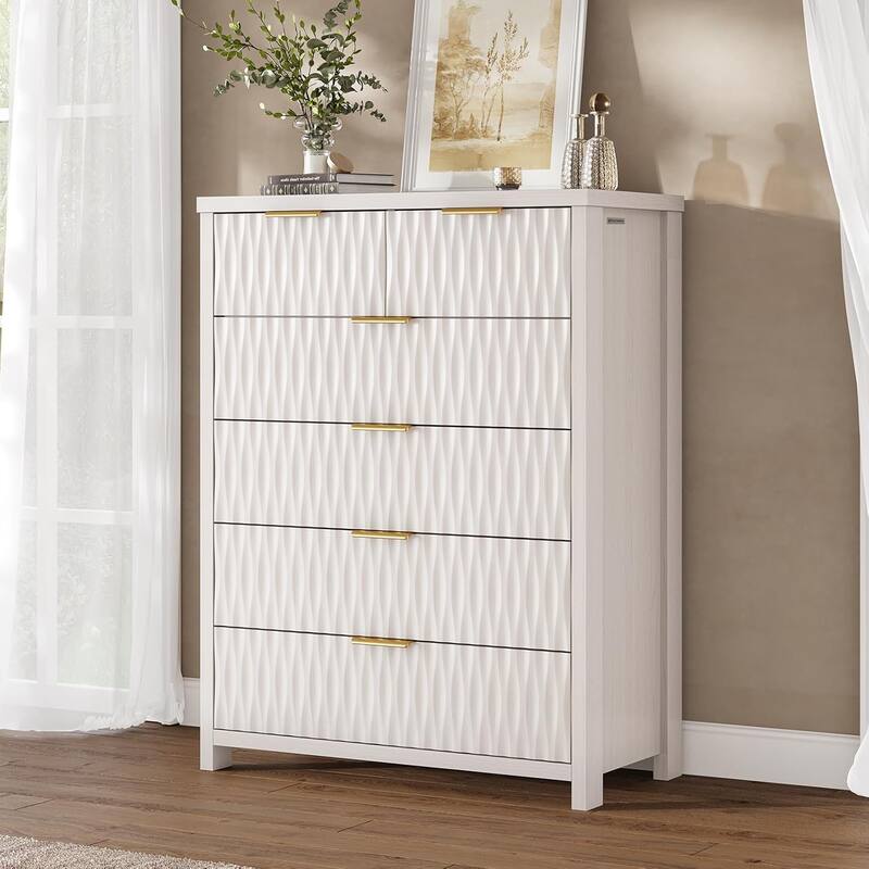 Fluted Bedroom Dresser Drawers TV Stand Drawer Organizer - White - 6-drawer