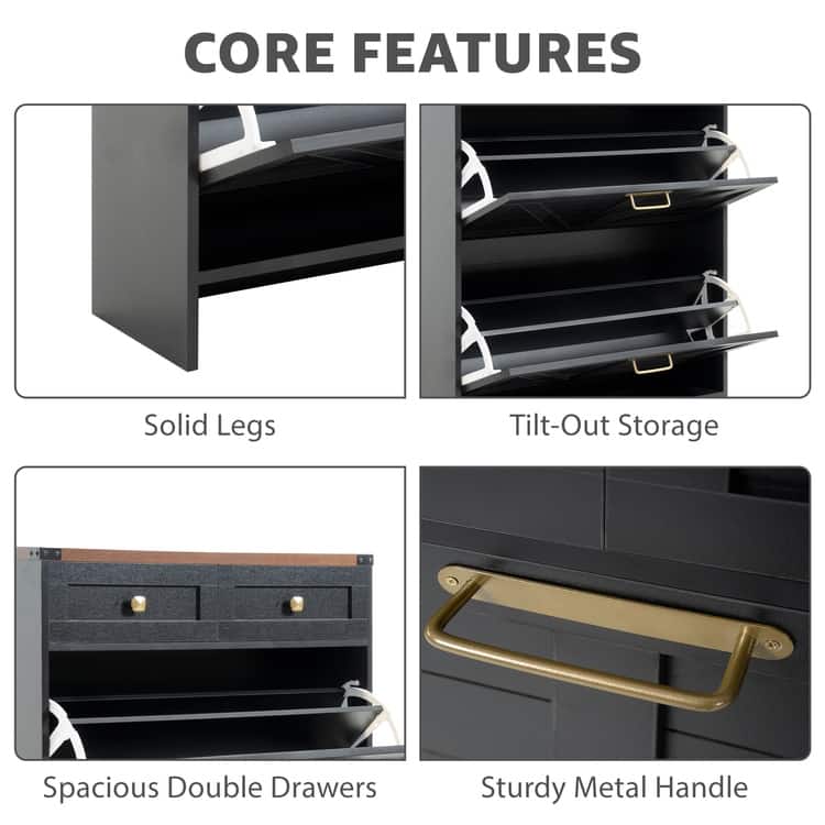 Farmhouse Shoe Cabinet with 2 Flip Drawers and 2 Storage Drawers – Slim Entryway Shoe Storage Cabinet, Narrow Shoe Organizer