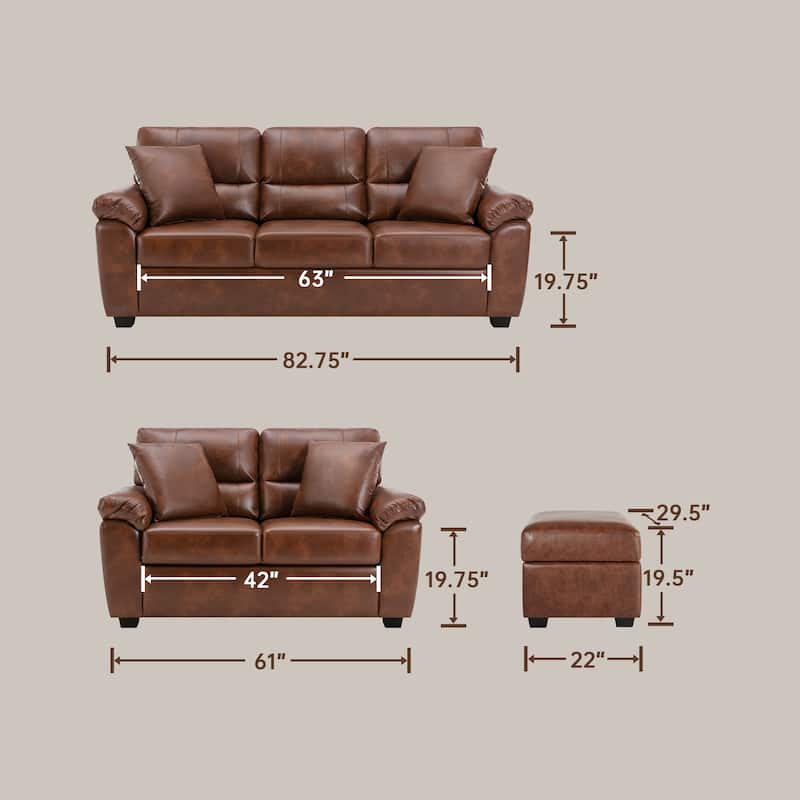 Upholstered Living Room Set, 3 Pieces - Faux Leather Loveseat, Sofa with Ottoman