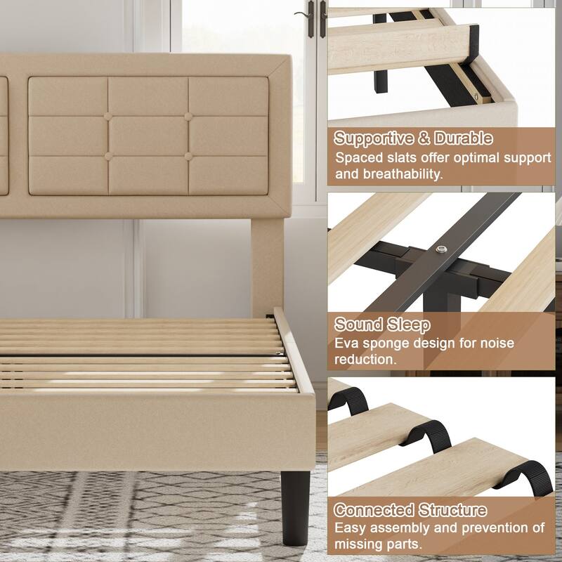 VECELO Bed Frame with Adjustable Headboard Upholstered Button Tufted Platform Bedframe with Wood Slats Support