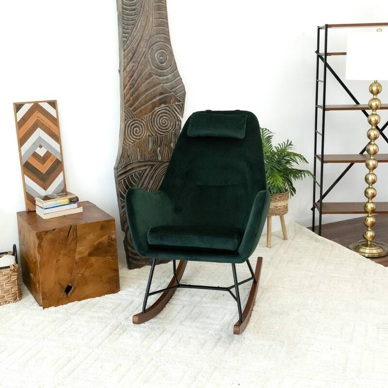 Velvet Rocking Chair with Padded Seat, Lazy Rocking Chair with High Backrest, Lounge Armchair with Wooden Base