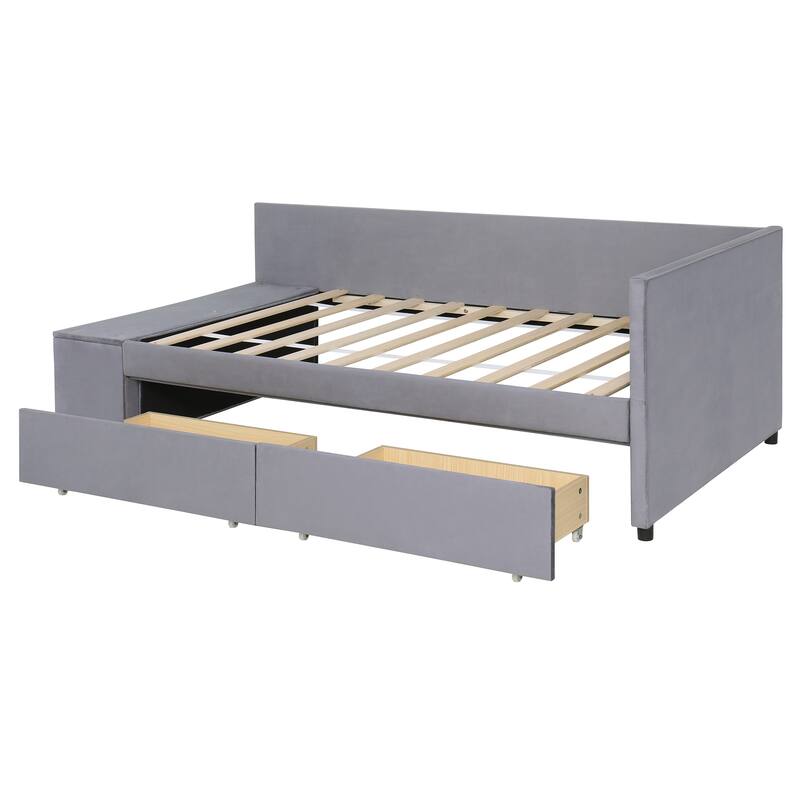 Twin Size L-Shaped Upholstered Platform Bed with Storage and Drawers in Gray