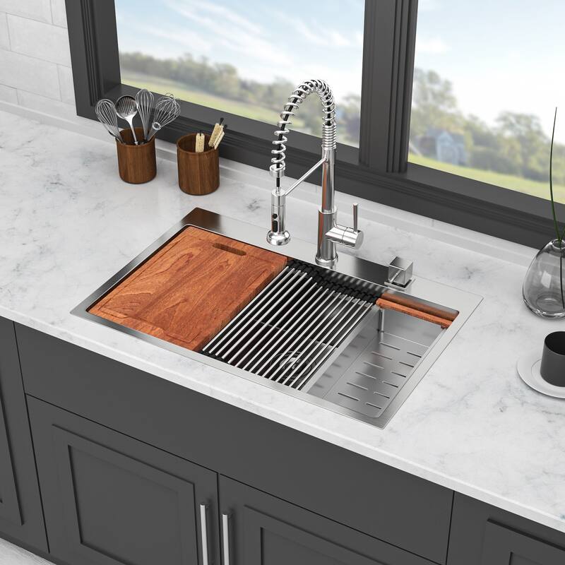 33" Drop in Kitchen Sink Single Bowl 16 Gauge Stainless Steel Ledge Workstation Kitchen Sink