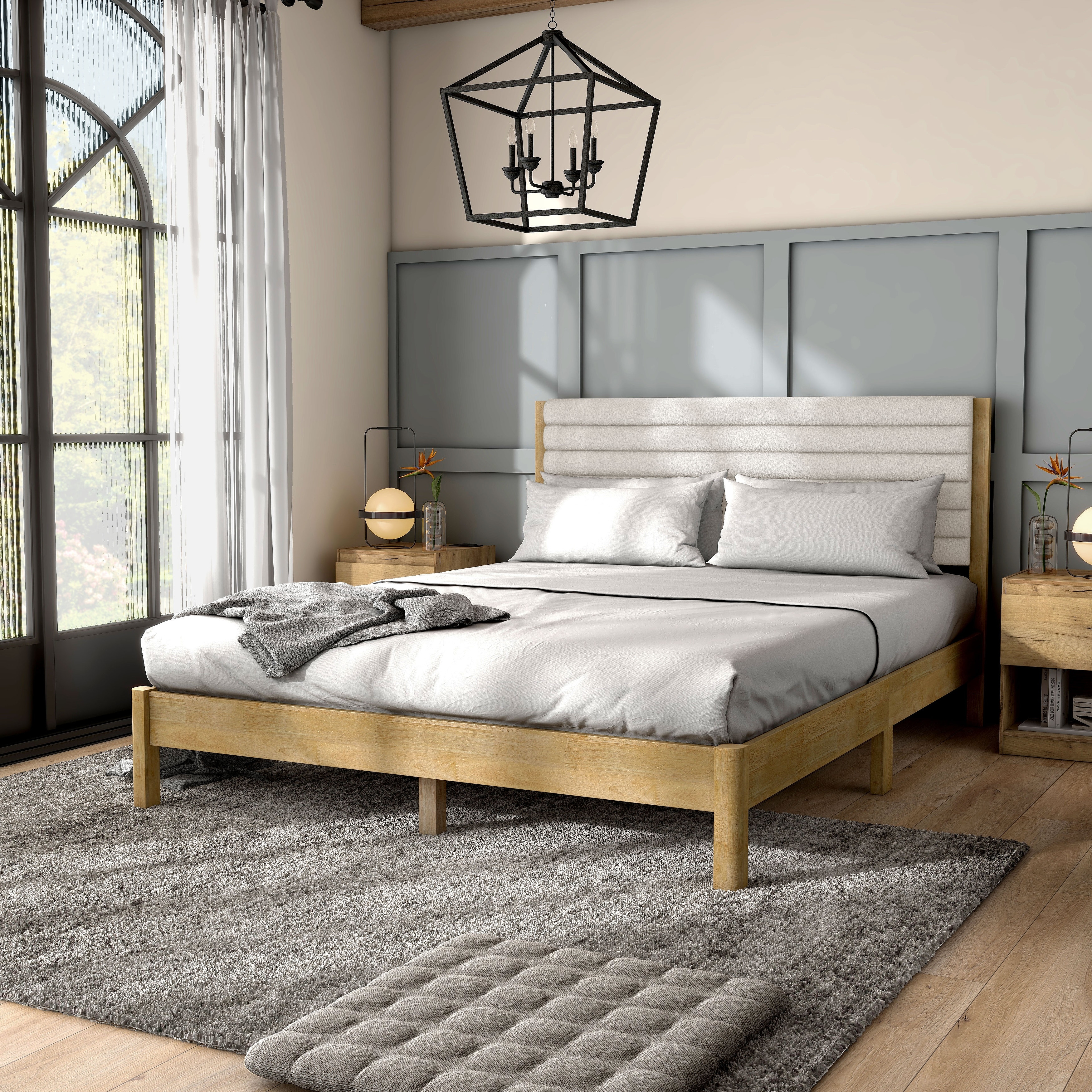 247 Shop At Home Modern Channel Tufted Upholstered Queen Platform Bed with Solid Wood Slats