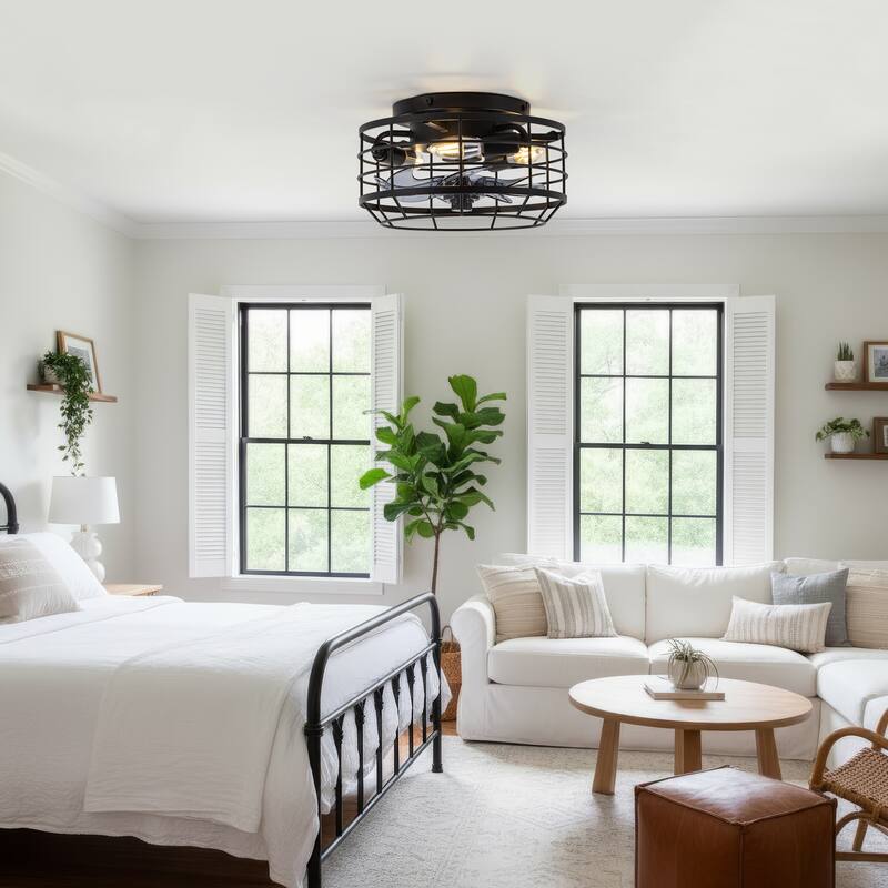 12" Low Profile Enclosed Cage Ceiling Fan with Light and Remote