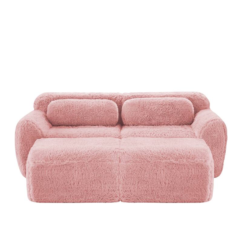 80" Floor Loveseat Modular Sectional Sofa, Plush Fabric Boneless Couch Set with 2 Ottoman