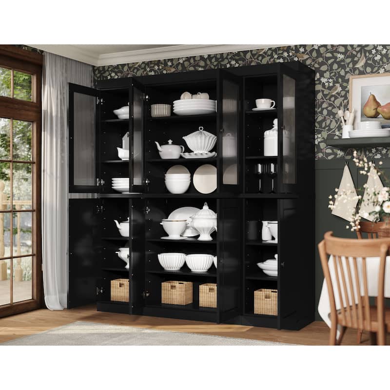 100% Solid Wood 65" Pantry China Cabinet with Solid, Frosted Glass Doors and Adjustable Shelves