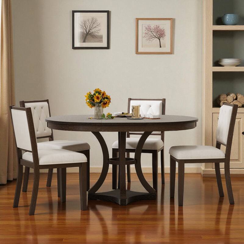 5-Piece Retro Extendable Round Dining Table Set, 42"-58" Wood Table with 4 Upholstered Chairs for Dining Room