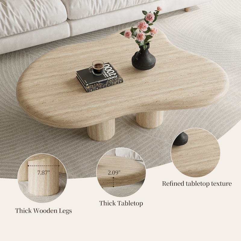 47" Modern Cloud Shaped Coffee Table, Premium Wood with travertine texture,Beige