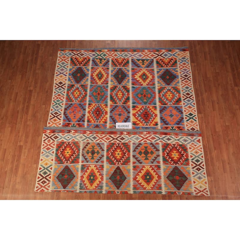 Geometric Kilim Reversible Area Rug Hand-Woven Wool Carpet - 8'0" x 11'10"