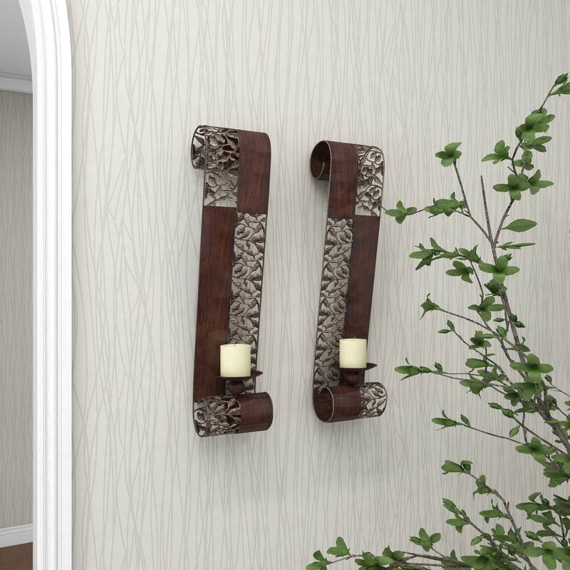 Brown Metal Cutout Leaf Wall Sconce with Scrolled Edges (Set of 2) - S/2 21"H, 4"W