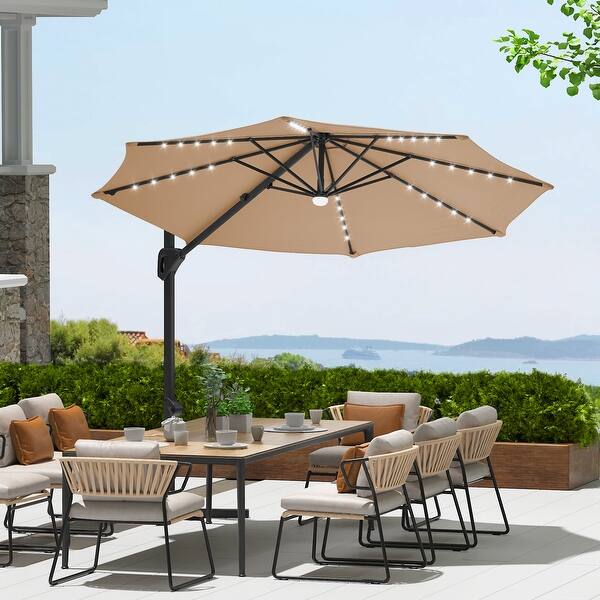 bed bath and beyond offset patio umbrella with solar lights WESTLAKE 10 Ft LED Cantilever w/ Included 4-Piece Base Weights, Gray Constructed of weather and Uv resistant polyester canopy and steel frame VredHom Cantilever Patio Umbrella, Solar