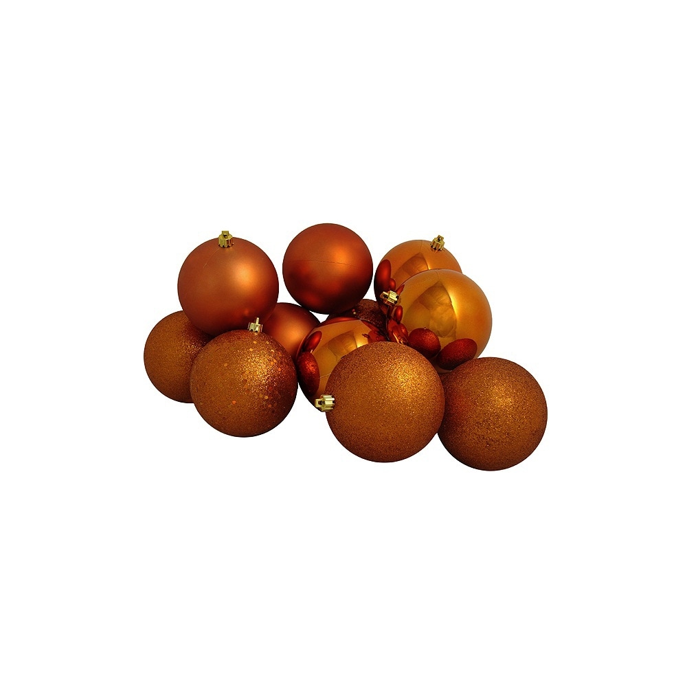 12ct Orange Shatterproof 4-Finish Christmas Ball Ornaments 4" (100mm).