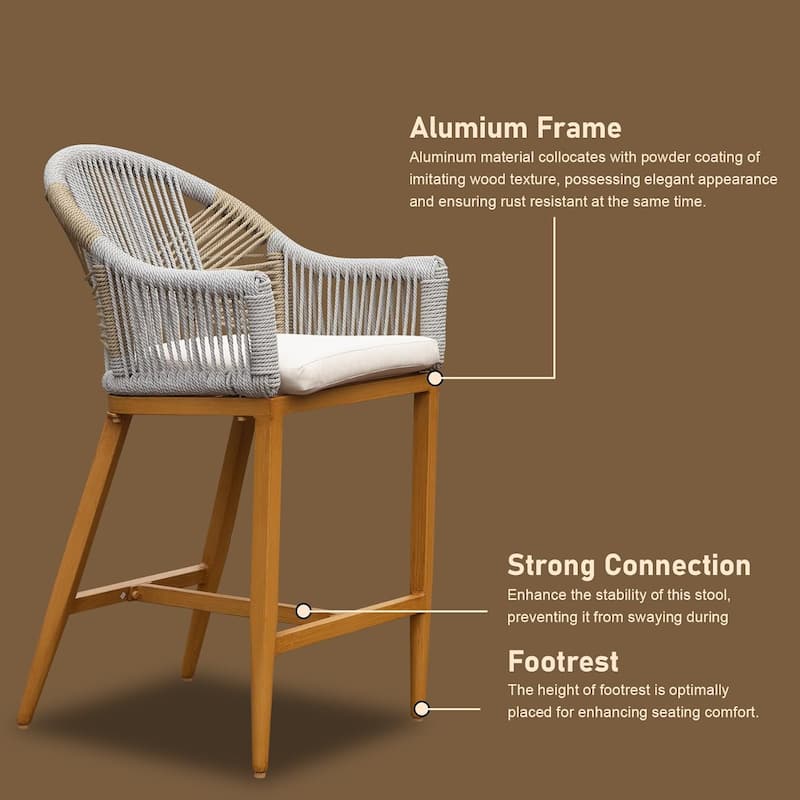 Outdoor Counter Height Bar Chairs with Cushioned Seat and Back, Aluminum Tall Bar stools for Garden, Pool, Patio, Kitchen