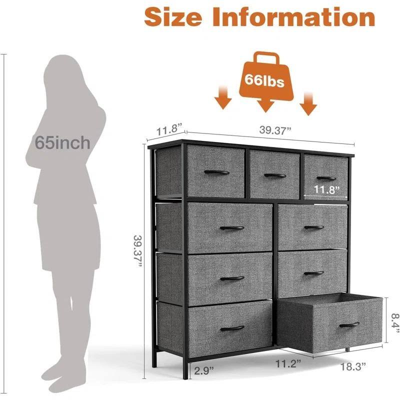 Tall Dresser Storage Tower with 9 Fabric Drawers, Grey