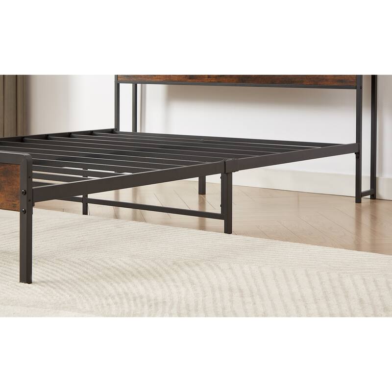 Platform Bed with 2 USB Ports, Power Outlets, and Storage Headboard - 1000 LB Capacity.