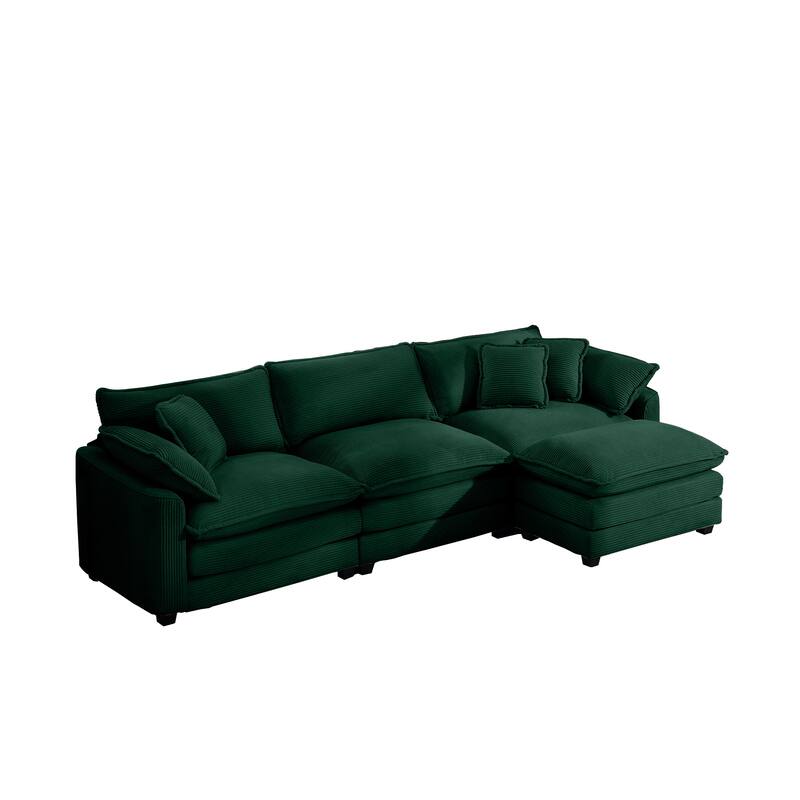 Green 115" Corduroy Cloud Upholstered Modular L-Shaped Sectional Sofa with Removable Ottoman and Free Combination Design