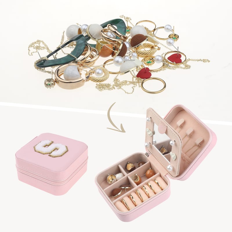 Travel Jewelry Box with Mirror for Women Girls Gifts, Mini Portable PU Leather Jewelry Organizer Case Storage Display Holder - S