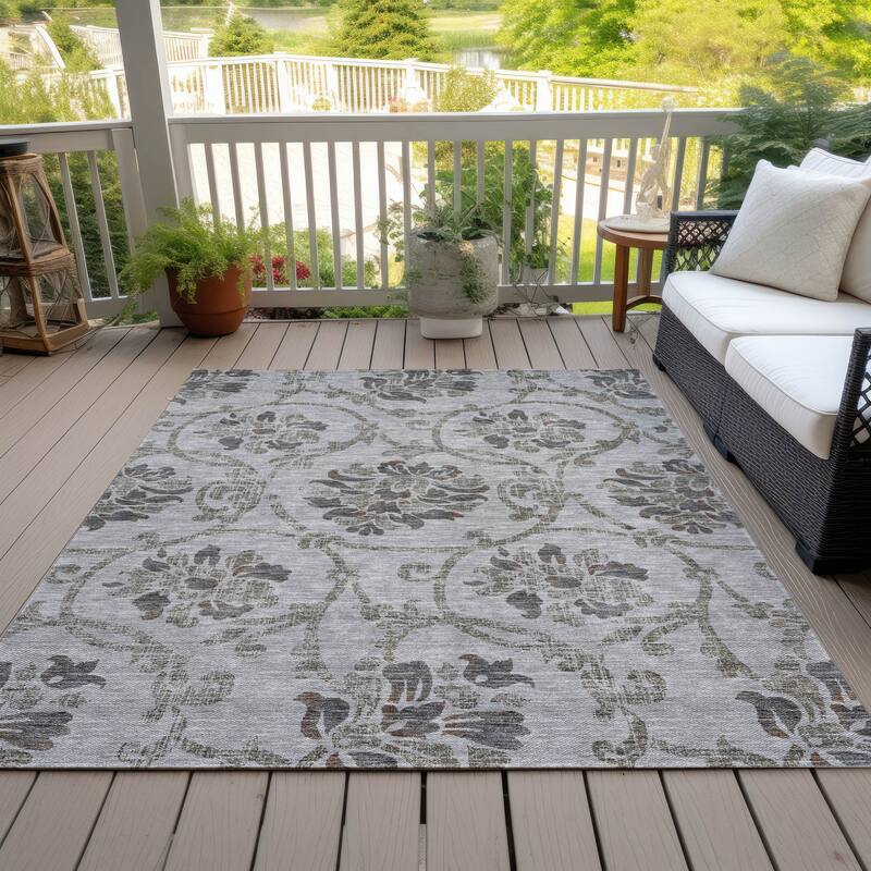 Machine Washable Indoor/ Outdoor Chantille Floral Scroll Rug - Gray - 9' x 12'