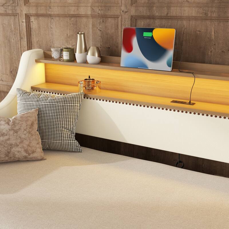 Twin Size Daybed with Trundle, Upholstered Daybed with Charging Station and LED Lights