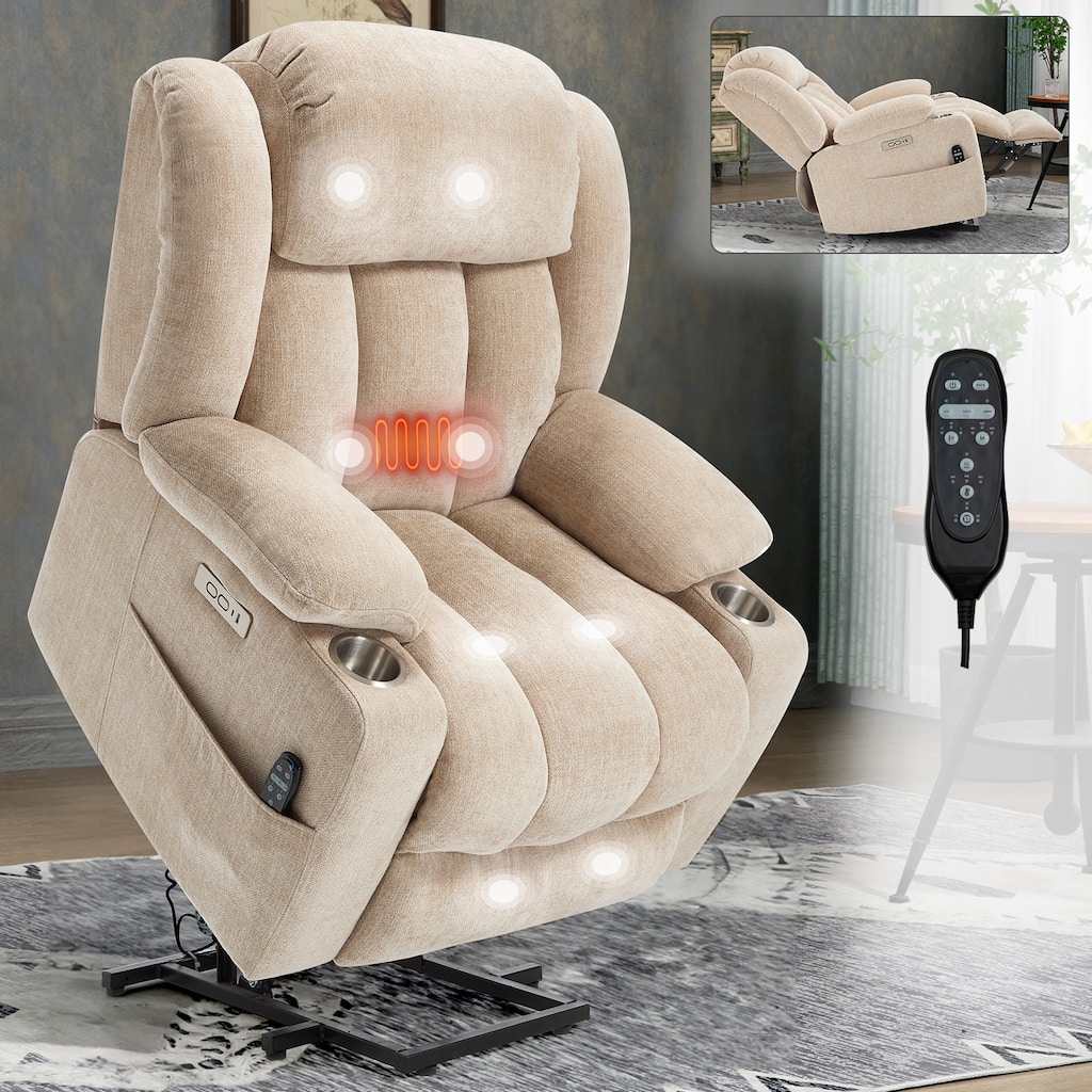 Power Lift Recliner Chair, Heavy Duty Motion Mechanism with 8-Point Vibration Massage and Lumbar Heating, USB and Type-C Ports