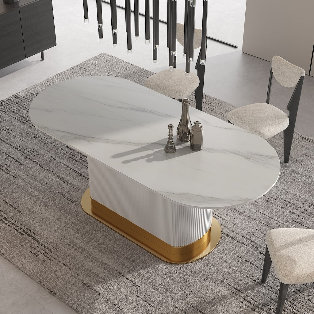Modern Oval White Snowmass Stone Top Ammonites Leather Titanium Stainless Steel Pedestal Dining Table