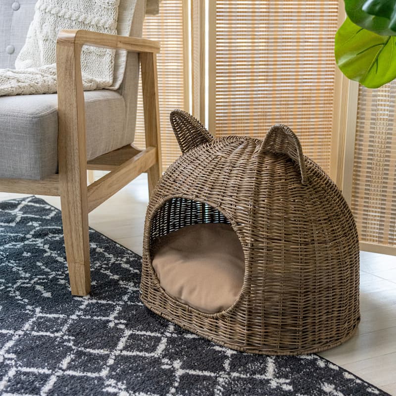 Cat Ear 20" x 14.5" Coastal Handwoven Rattan Cat Bed with Machine-Washable Cushion, Natural