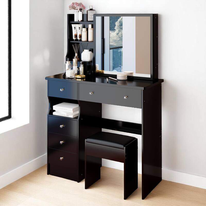37" Makeup Vanity Table with Left Drawers, Sliding Mirror & High-Capacity Storage, Includes Stool