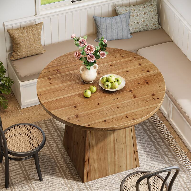 Solid Wood Round Dining Table for 4, Small Circle Kitchen Table with Sturdy Pedestal Base
