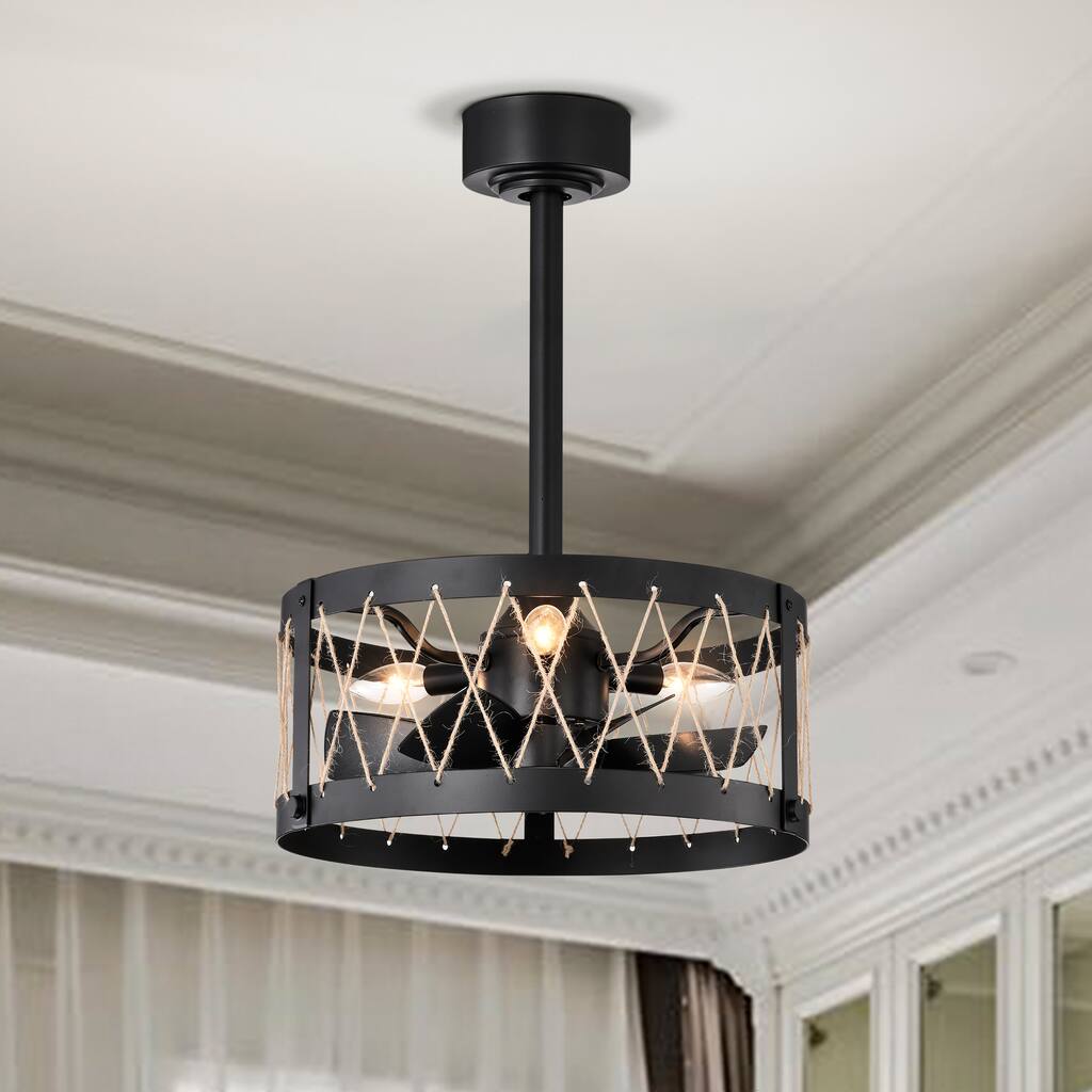 Farmhouse Ceiling Fan with Light Black Cage Ceiling Fan with Remote - 20 Inches